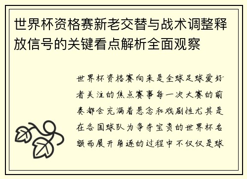 世界杯资格赛新老交替与战术调整释放信号的关键看点解析全面观察