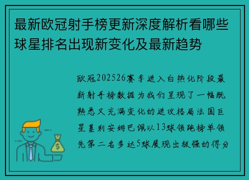最新欧冠射手榜更新深度解析看哪些球星排名出现新变化及最新趋势